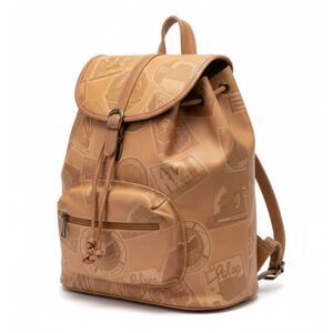 Bonjour Backpack Brown Tan Vegan Leather Postcard Travel Stickers Large